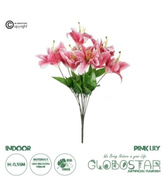 GloboStar® Artificial Garden PINK LILY BOUQUET 21314 Τεχνητό Διακοσμητικό Μπουκέτο Ροζ Κρίνα Y55cm